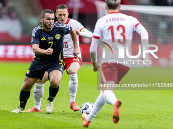 John McGinn , Piotr Zielinski , Jakub Kaminski  during UEFA Nations League match Poland vs Scotland in Warsaw Poland on 18 November 2024. (