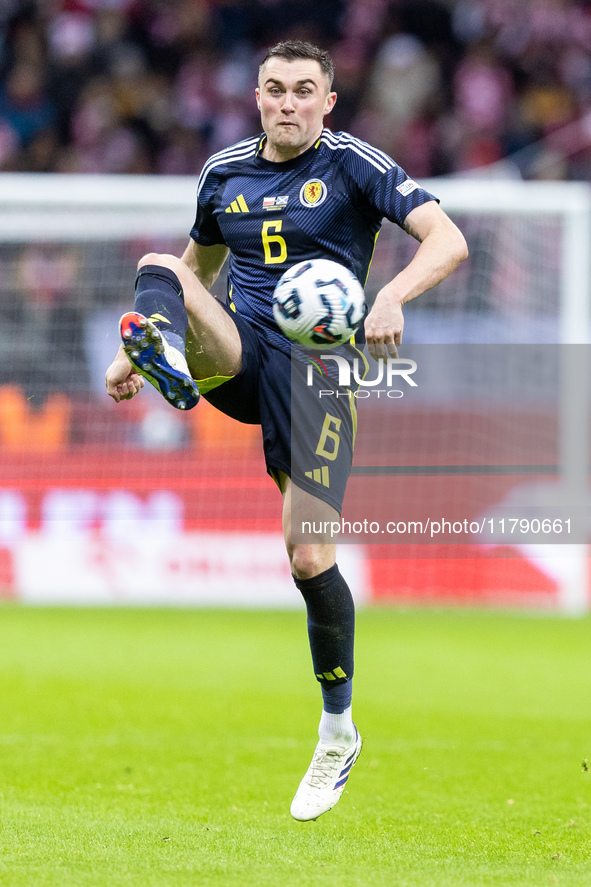 John Souttar  during UEFA Nations League match Poland vs Scotland in Warsaw Poland on 18 November 2024. 