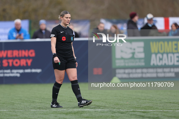 Match referee Lucy May officiates during the FA Women's Championship match between Durham Women FC and London City Lionesses at Maiden Castl...