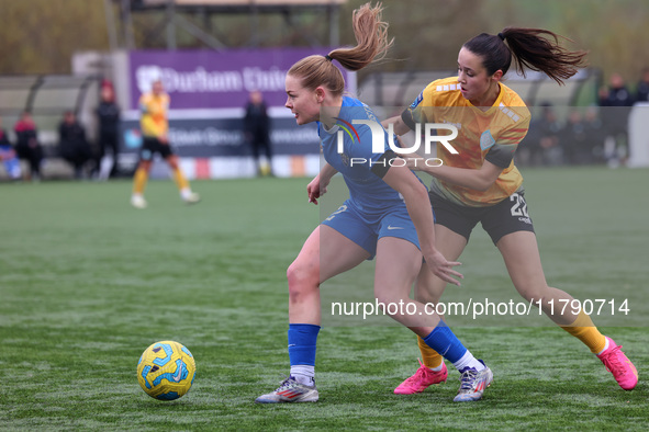 Lily Crosthwaite of Durham Women competes with London City Lionesses' Cerys Brown during the FA Women's Championship match between Durham Wo...