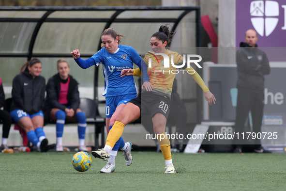 Maddi Wilde of London City Lionesses battles for possession with Hannah Blake of Durham Women during the FA Women's Championship match betwe...