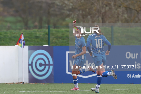 Mollie Lambert celebrates after scoring Durham Women's second goal during the FA Women's Championship match between Durham Women FC and Lond...