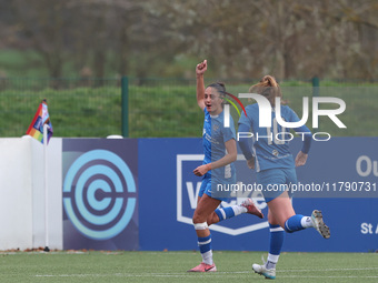 Mollie Lambert celebrates after scoring Durham Women's second goal during the FA Women's Championship match between Durham Women FC and Lond...