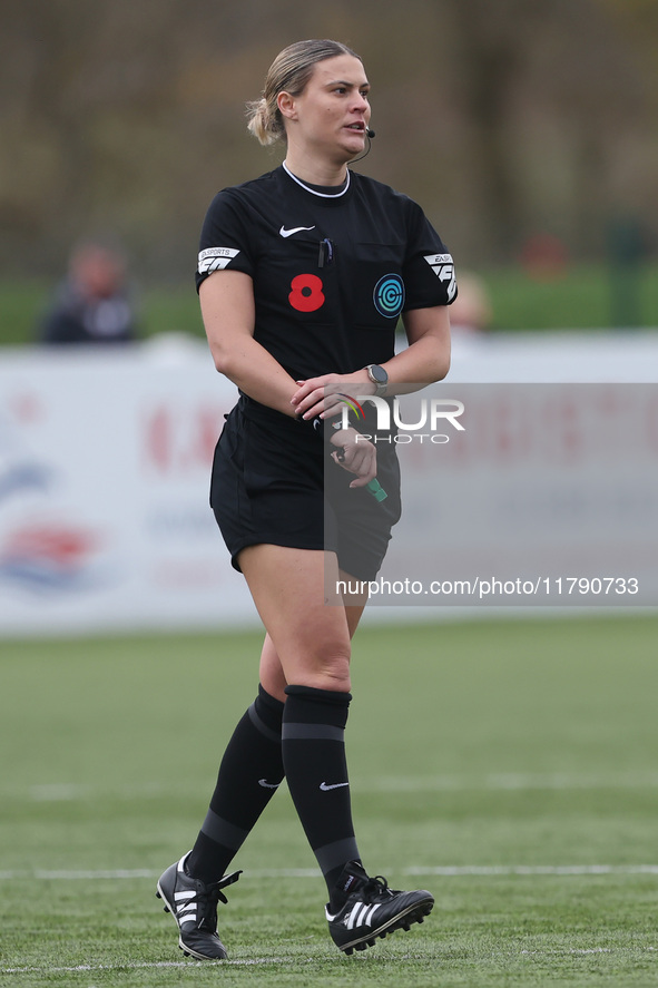 Match referee Lucy May officiates during the FA Women's Championship match between Durham Women FC and London City Lionesses at Maiden Castl...