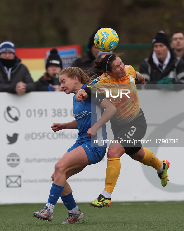 Lily Crosthwaite of Durham Women challenges Emma Mukandi of London City Lionesses for a header during the FA Women's Championship match betw...