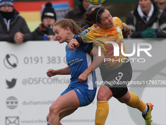 Lily Crosthwaite of Durham Women challenges Emma Mukandi of London City Lionesses for a header during the FA Women's Championship match betw...