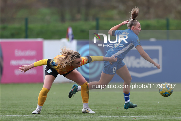 Carly Johns of Durham Women competes with Lucy Fitzgerald of London City Lionesses during the FA Women's Championship match between Durham W...