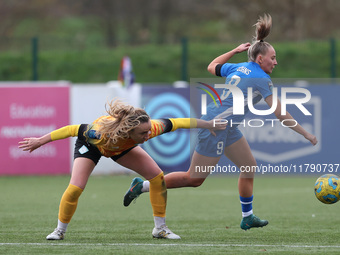 Carly Johns of Durham Women competes with Lucy Fitzgerald of London City Lionesses during the FA Women's Championship match between Durham W...