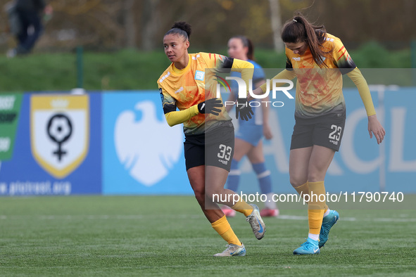 Izzy Goodwin of the London City Lionesses celebrates with Chantelle Boye-Hlorkah after scoring their second goal during the FA Women's Champ...