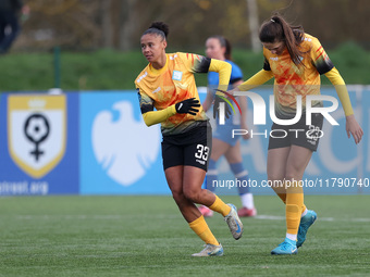 Izzy Goodwin of the London City Lionesses celebrates with Chantelle Boye-Hlorkah after scoring their second goal during the FA Women's Champ...