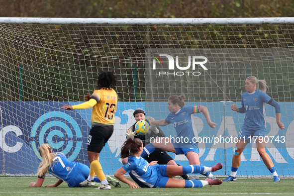 Charlene Meyong of London City Lionesses shoots at the goal, and Sarah Wilson allegedly stops it with her hand, resulting in a penalty kick...