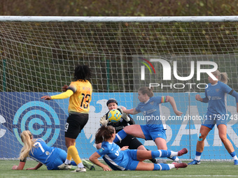 Charlene Meyong of London City Lionesses shoots at the goal, and Sarah Wilson allegedly stops it with her hand, resulting in a penalty kick...