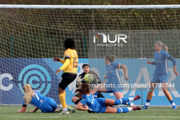 Charlene Meyong of London City Lionesses shoots at the goal, and Sarah Wilson allegedly stops it with her hand, resulting in a penalty kick...