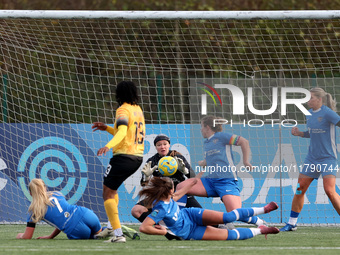 Charlene Meyong of London City Lionesses shoots at the goal, and Sarah Wilson allegedly stops it with her hand, resulting in a penalty kick...