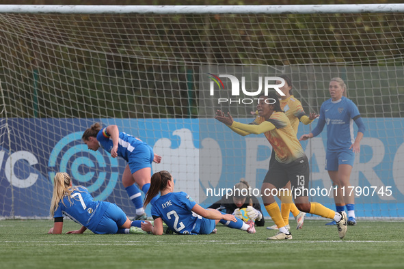 Charlene Meyong of the London City Lionesses appeals for handball during the FA Women's Championship match between Durham Women FC and Londo...