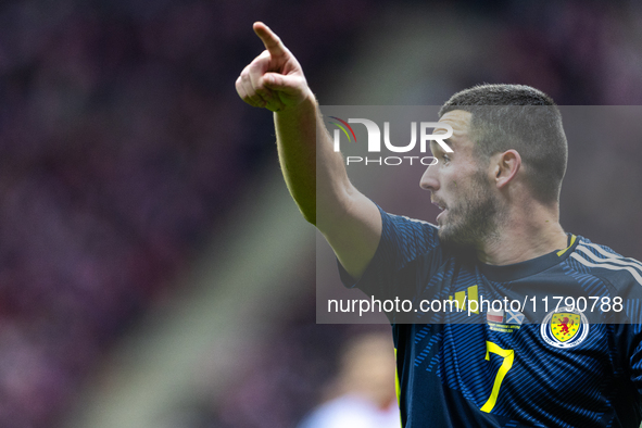 John McGinn reacts during the  UEFA Nations League 2024 League A Group A1 match between Poland and Scotland, at the  PGE Narodowy in Warsaw,...