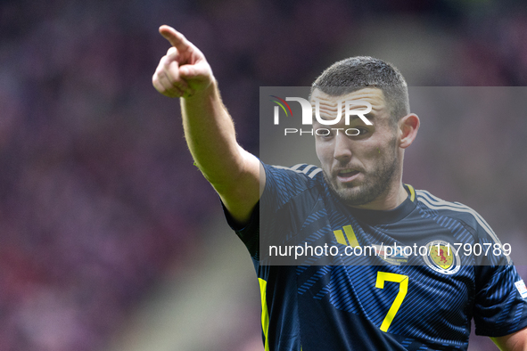 John McGinn reacts during the  UEFA Nations League 2024 League A Group A1 match between Poland and Scotland, at the  PGE Narodowy in Warsaw,...