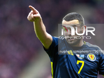 John McGinn reacts during the  UEFA Nations League 2024 League A Group A1 match between Poland and Scotland, at the  PGE Narodowy in Warsaw,...