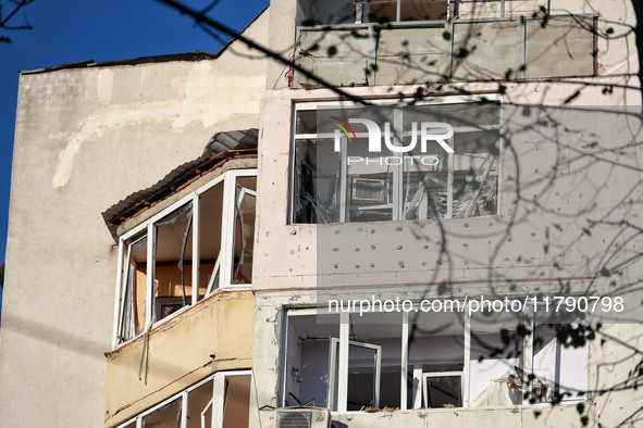 A residential building is damaged by Russian rocket fire in Odesa, Ukraine, on November 18, 2024. NO USE RUSSIA. NO USE BELARUS. 