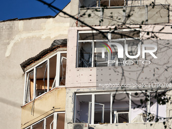 A residential building is damaged by Russian rocket fire in Odesa, Ukraine, on November 18, 2024. NO USE RUSSIA. NO USE BELARUS. (