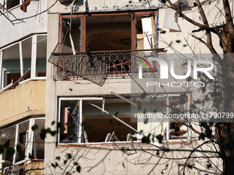 A residential building is damaged by Russian rocket fire in Odesa, Ukraine, on November 18, 2024. NO USE RUSSIA. NO USE BELARUS. (