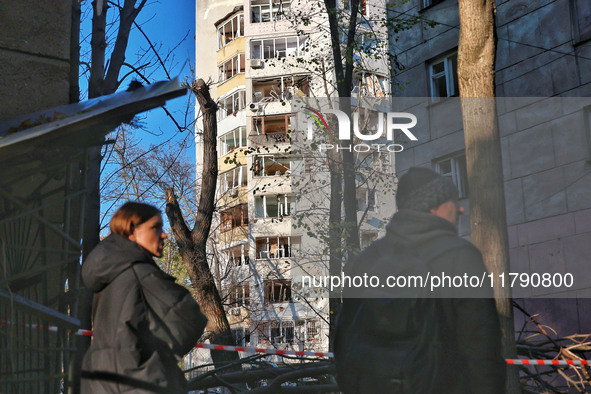 A residential high-rise building is damaged by Russian rocket fire in Odesa, Ukraine, on November 18, 2024. NO USE RUSSIA. NO USE BELARUS. 