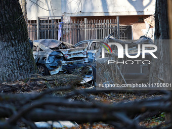 Cars are damaged by Russian rocket fire in Odesa, Ukraine, on November 18, 2024. NO USE RUSSIA. NO USE BELARUS. (