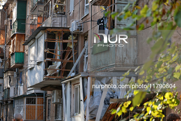 A residential building is damaged by Russian rocket fire in Odesa, Ukraine, on November 18, 2024. NO USE RUSSIA. NO USE BELARUS. 