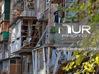 A residential building is damaged by Russian rocket fire in Odesa, Ukraine, on November 18, 2024. NO USE RUSSIA. NO USE BELARUS. (