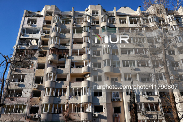 A residential building is damaged by Russian rocket fire in Odesa, Ukraine, on November 18, 2024. NO USE RUSSIA. NO USE BELARUS. 