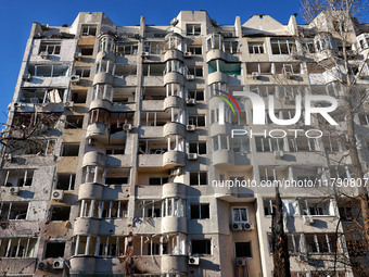 A residential building is damaged by Russian rocket fire in Odesa, Ukraine, on November 18, 2024. NO USE RUSSIA. NO USE BELARUS. (