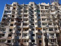 A residential building is damaged by Russian rocket fire in Odesa, Ukraine, on November 18, 2024. NO USE RUSSIA. NO USE BELARUS. (