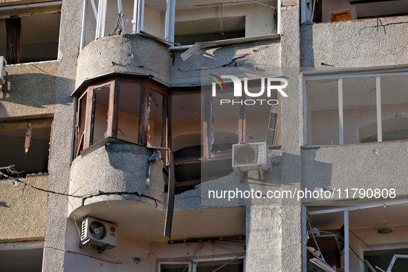 A residential building is damaged by Russian rocket fire in Odesa, Ukraine, on November 18, 2024. NO USE RUSSIA. NO USE BELARUS. 