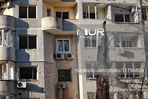 A residential building is damaged by Russian rocket fire in Odesa, Ukraine, on November 18, 2024. NO USE RUSSIA. NO USE BELARUS. 