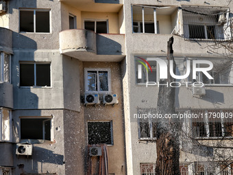 A residential building is damaged by Russian rocket fire in Odesa, Ukraine, on November 18, 2024. NO USE RUSSIA. NO USE BELARUS. (