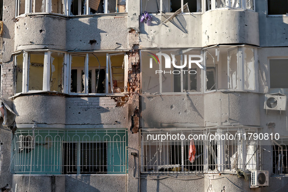 A residential building is damaged by Russian rocket fire in Odesa, Ukraine, on November 18, 2024. NO USE RUSSIA. NO USE BELARUS. 