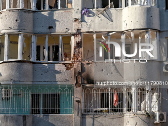 A residential building is damaged by Russian rocket fire in Odesa, Ukraine, on November 18, 2024. NO USE RUSSIA. NO USE BELARUS. (