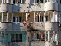 A residential building is damaged by Russian rocket fire in Odesa, Ukraine, on November 18, 2024. NO USE RUSSIA. NO USE BELARUS. (