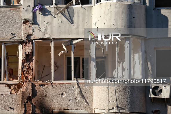 A residential building is damaged by Russian rocket fire in Odesa, Ukraine, on November 18, 2024. NO USE RUSSIA. NO USE BELARUS. 