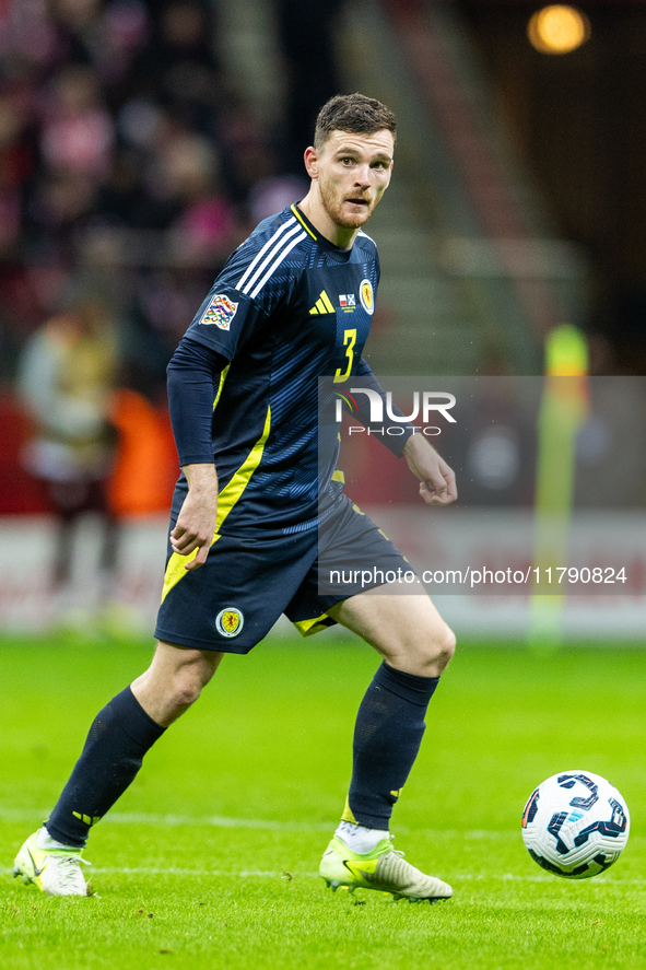 Andy Robertson in action during the  UEFA Nations League 2024 League A Group A1 match between Poland and Scotland, at the  PGE Narodowy in W...