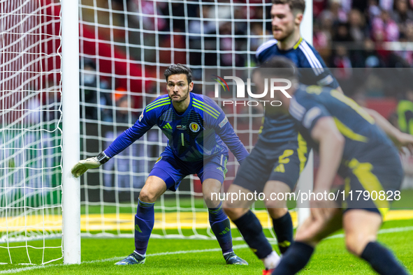 Craig Gordon in action during the  UEFA Nations League 2024 League A Group A1 match between Poland and Scotland, at the  PGE Narodowy in War...