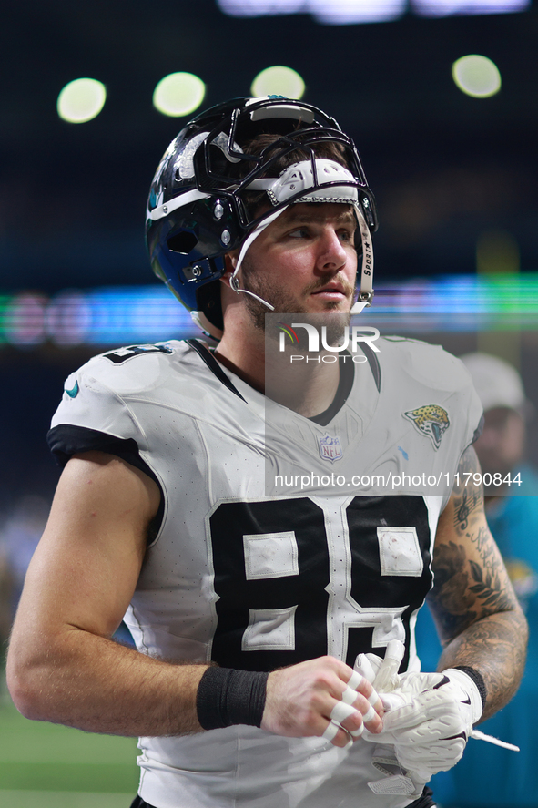 DETROIT,MICHIGAN-November 17: Jacksonville Jaguars tight end Luke Farrell (89) walks off the field after an NFL football game between the Ja...