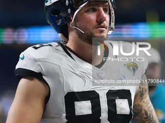 DETROIT,MICHIGAN-November 17: Jacksonville Jaguars tight end Luke Farrell (89) walks off the field after an NFL football game between the Ja...