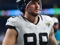 DETROIT,MICHIGAN-November 17: Jacksonville Jaguars tight end Luke Farrell (89) walks off the field after an NFL football game between the Ja...