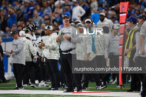 DETROIT,MICHIGAN-November 17: Jacksonville Jaguars head coach Doug Pederson looks on during the first half of an NFL football game between t...