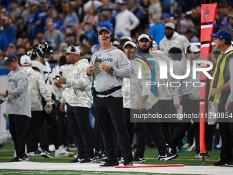 DETROIT,MICHIGAN-November 17: Jacksonville Jaguars head coach Doug Pederson looks on during the first half of an NFL football game between t...