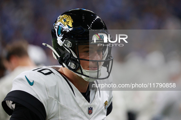 DETROIT,MICHIGAN-November 17: Jacksonville Jaguars quarterback Mac Jones (10) is seen during the first half of an NFL football game between...