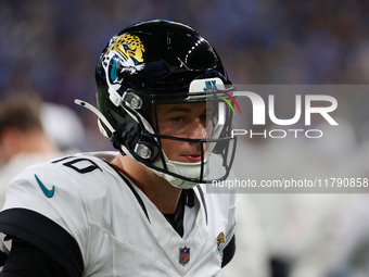 DETROIT,MICHIGAN-November 17: Jacksonville Jaguars quarterback Mac Jones (10) is seen during the first half of an NFL football game between...