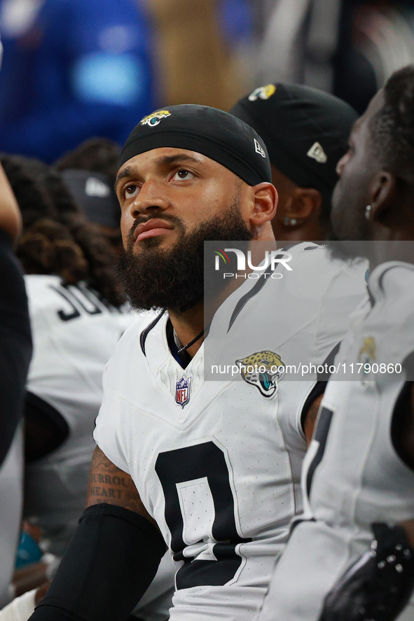 DETROIT,MICHIGAN-November 17: Jacksonville Jaguars wide receiver Gabe Davis (0) looks on from the sideline during the first half of an NFL f...