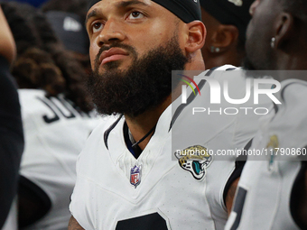 DETROIT,MICHIGAN-November 17: Jacksonville Jaguars wide receiver Gabe Davis (0) looks on from the sideline during the first half of an NFL f...